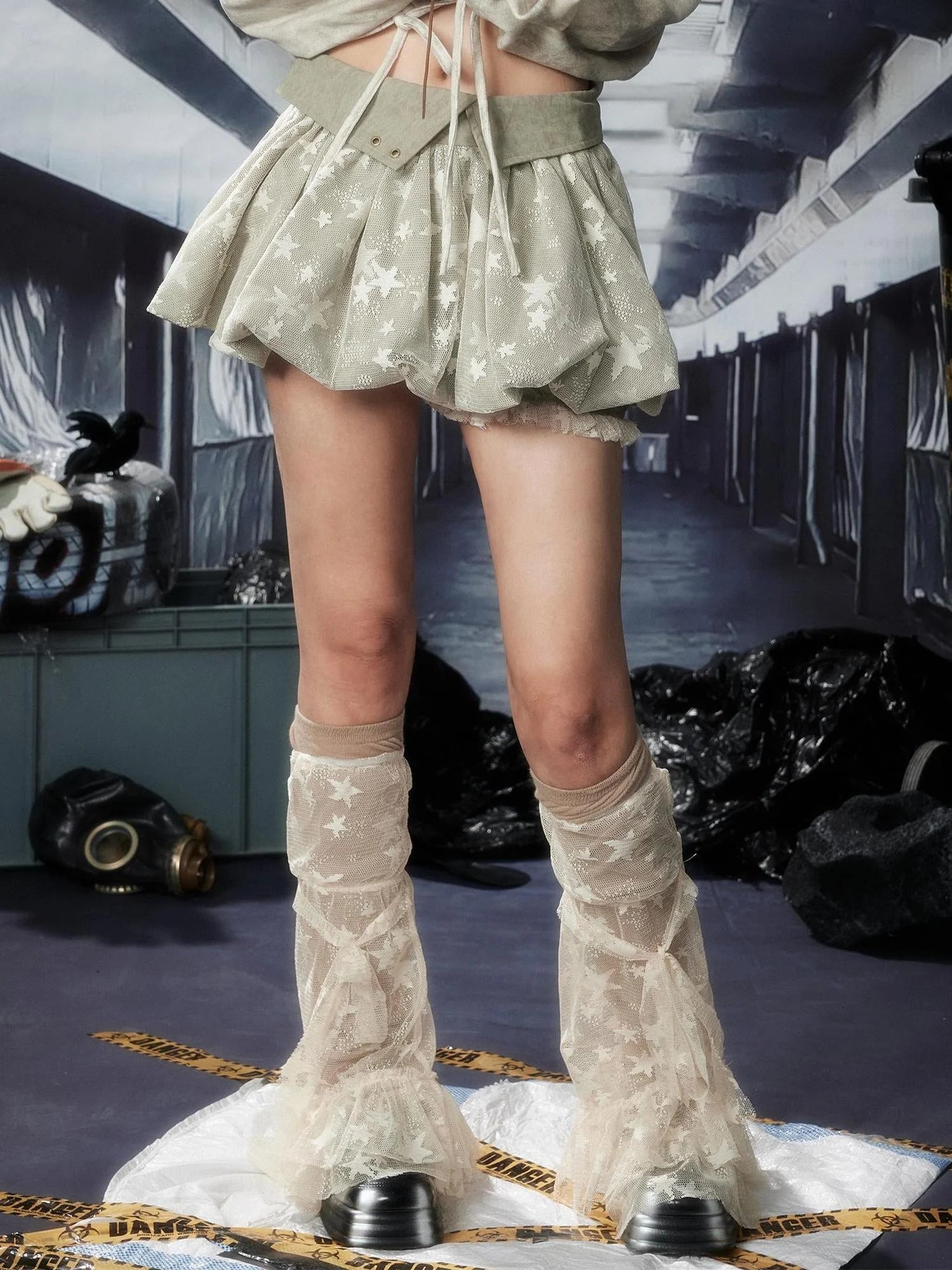 Acid Washed Lace Mini Skirt High Waist Y2K Ruffle Hem