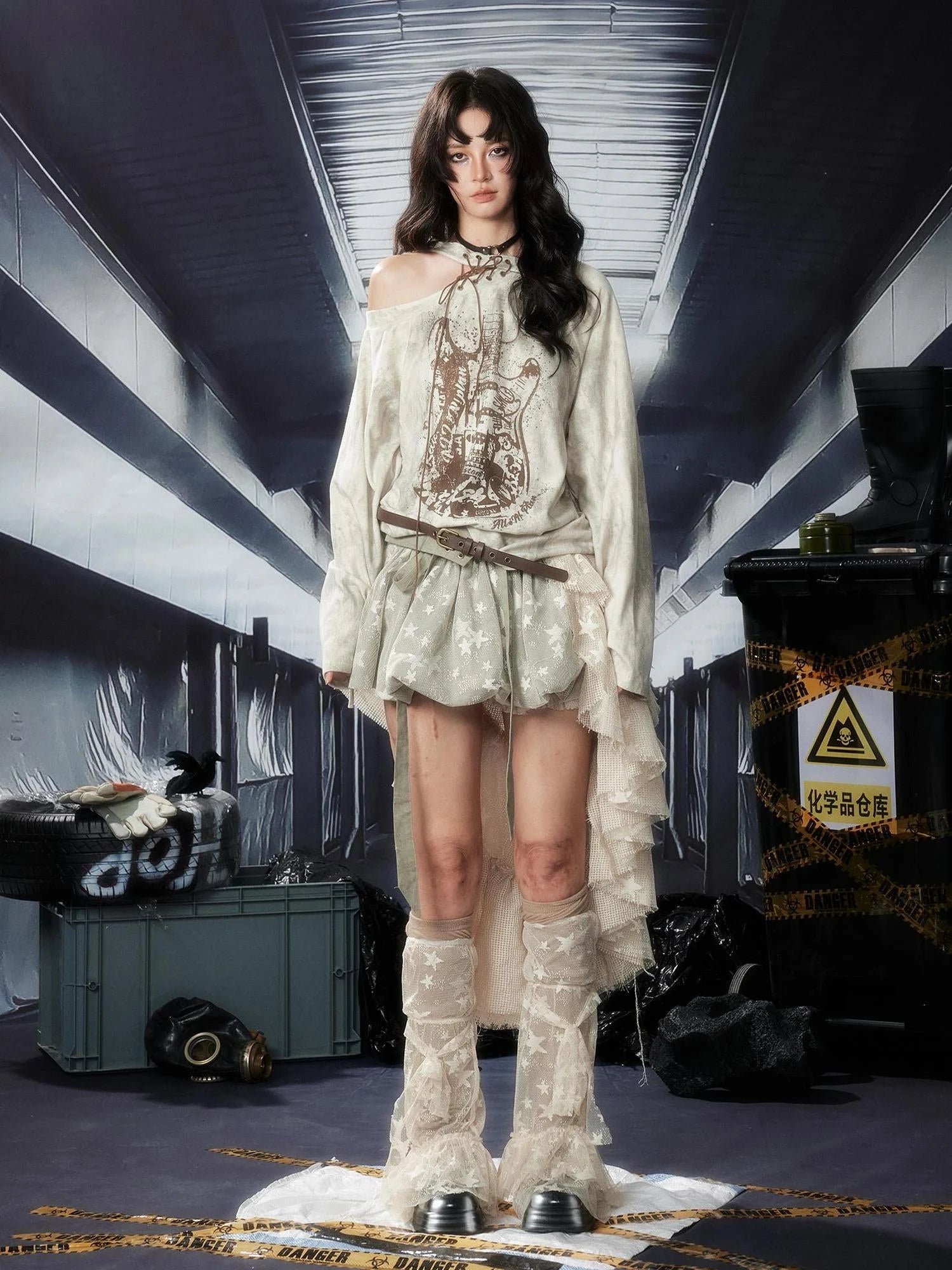 Acid Washed Lace Mini Skirt High Waist Y2K Ruffle Hem