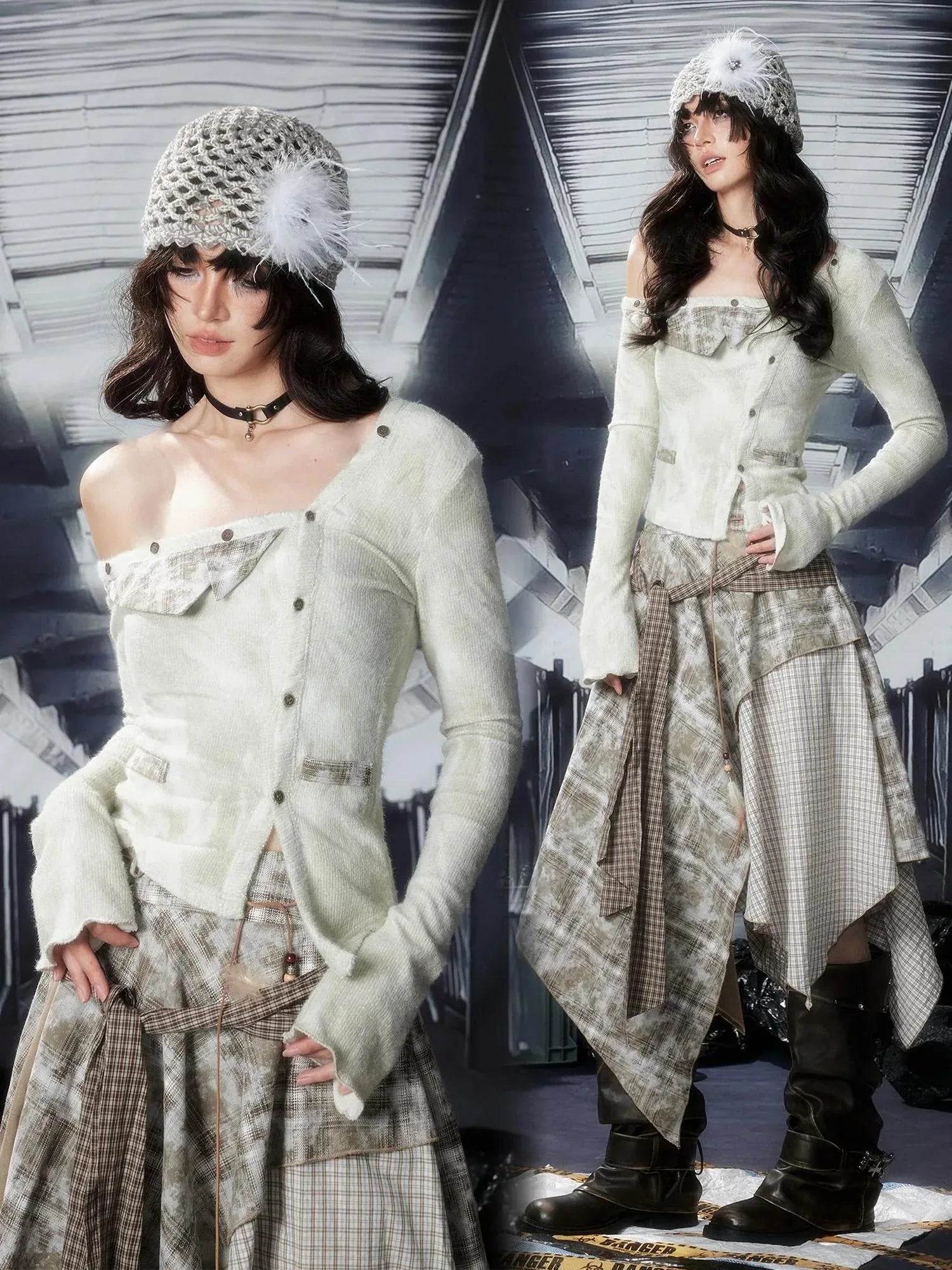 Acid Washed Rebel Knit Top V Neck T Shirt Long Sleeve