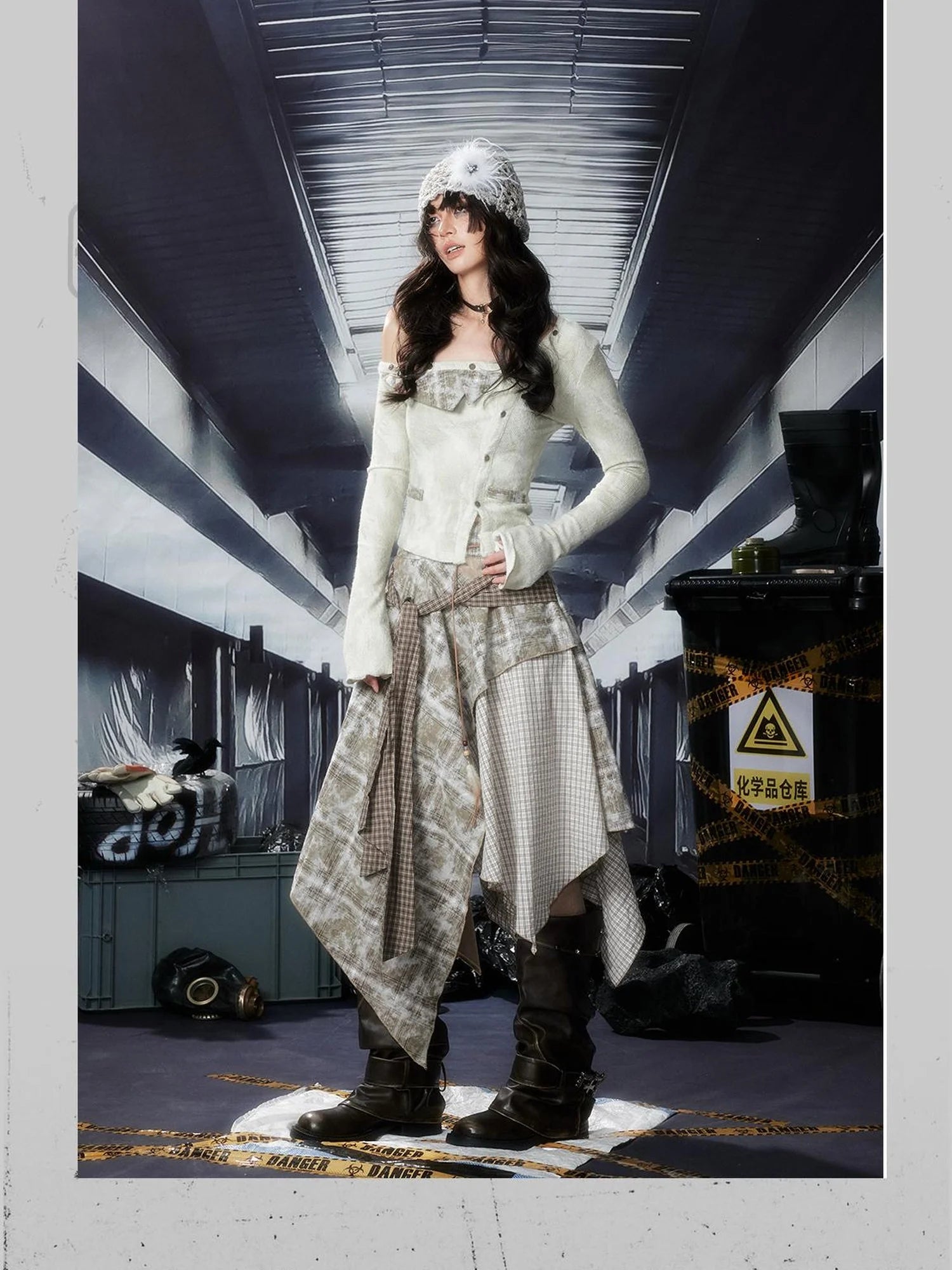 Acid Washed Rebel Knit Top V Neck T Shirt Long Sleeve