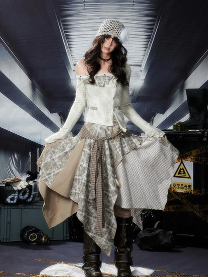 Acid Washed Rebel Knit Top V Neck T Shirt Long Sleeve