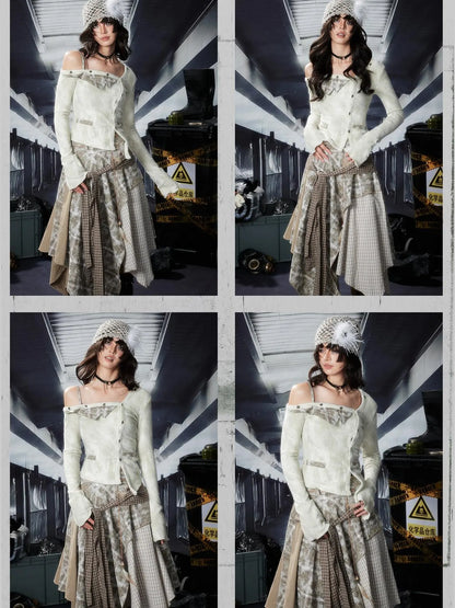 Acid Washed Rebel Knit Top V Neck T Shirt Long Sleeve