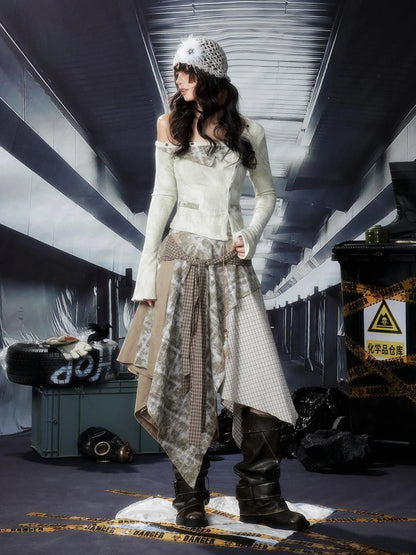 Acid Washed Rebel Knit Top V Neck T Shirt Long Sleeve