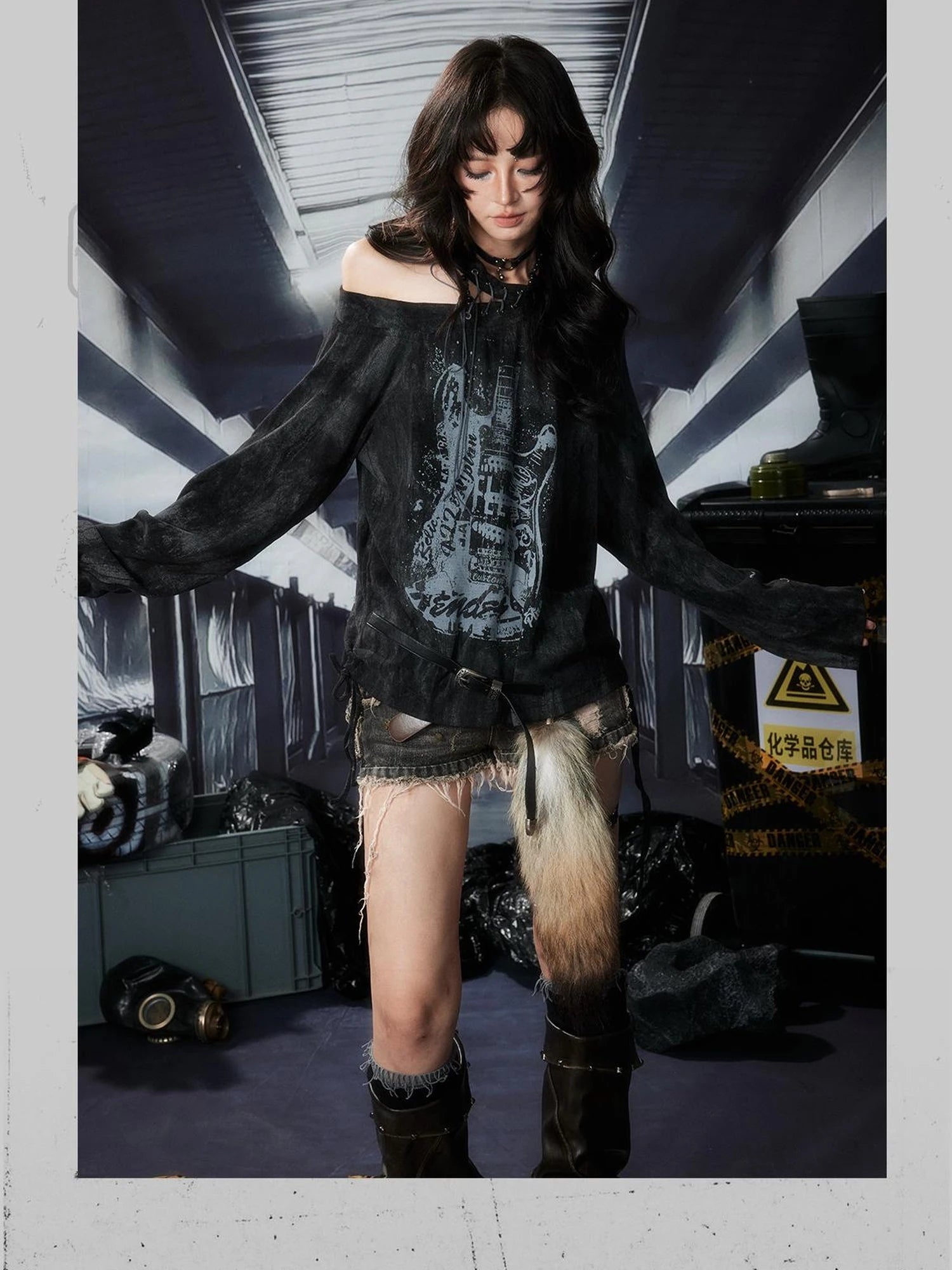 Acid Washed Rebellion Asymmetric Neck Tee
