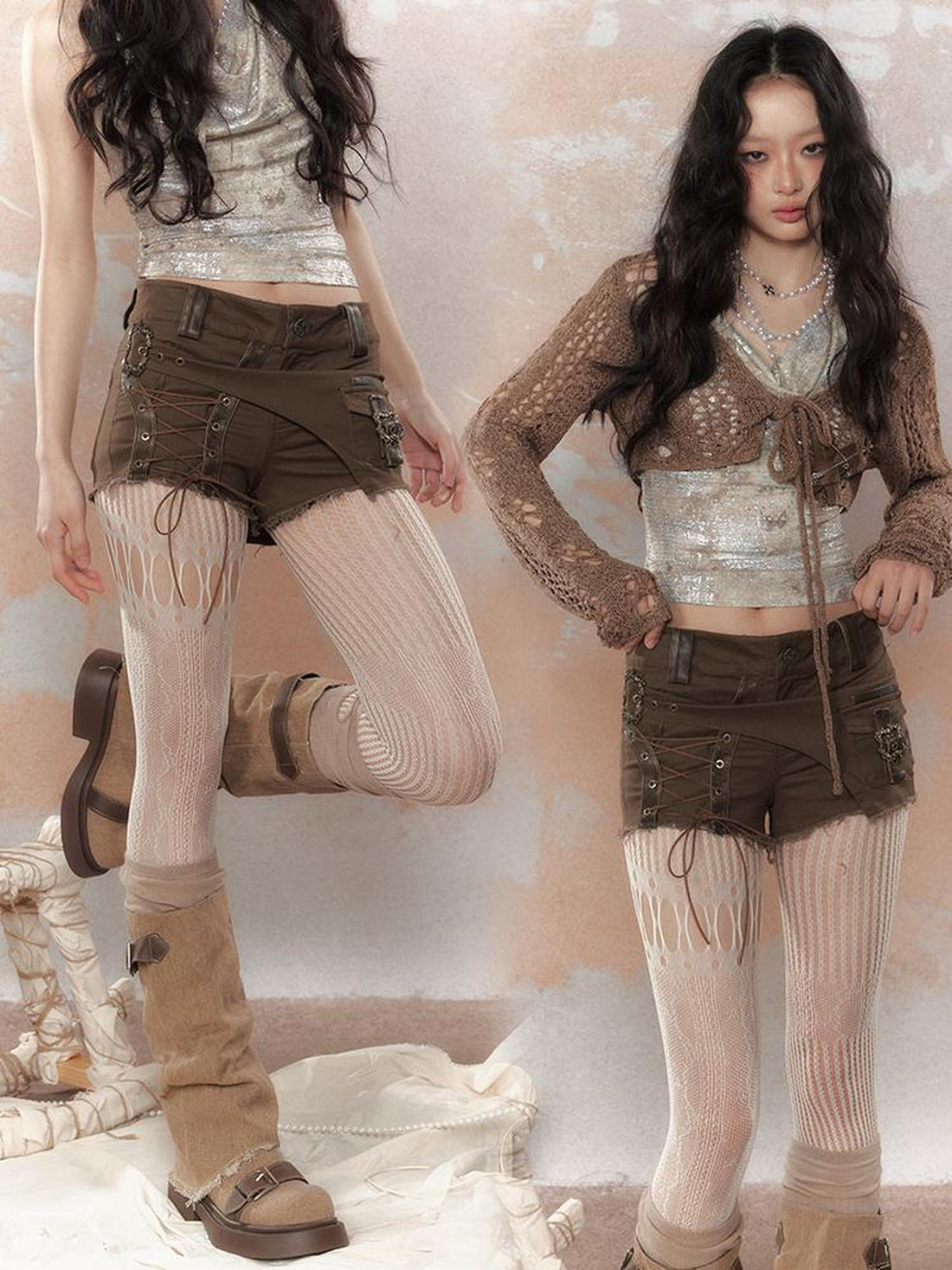 ALL iN plan Asymm Lace Up Rivet Distressed Y2K Denim Shorts