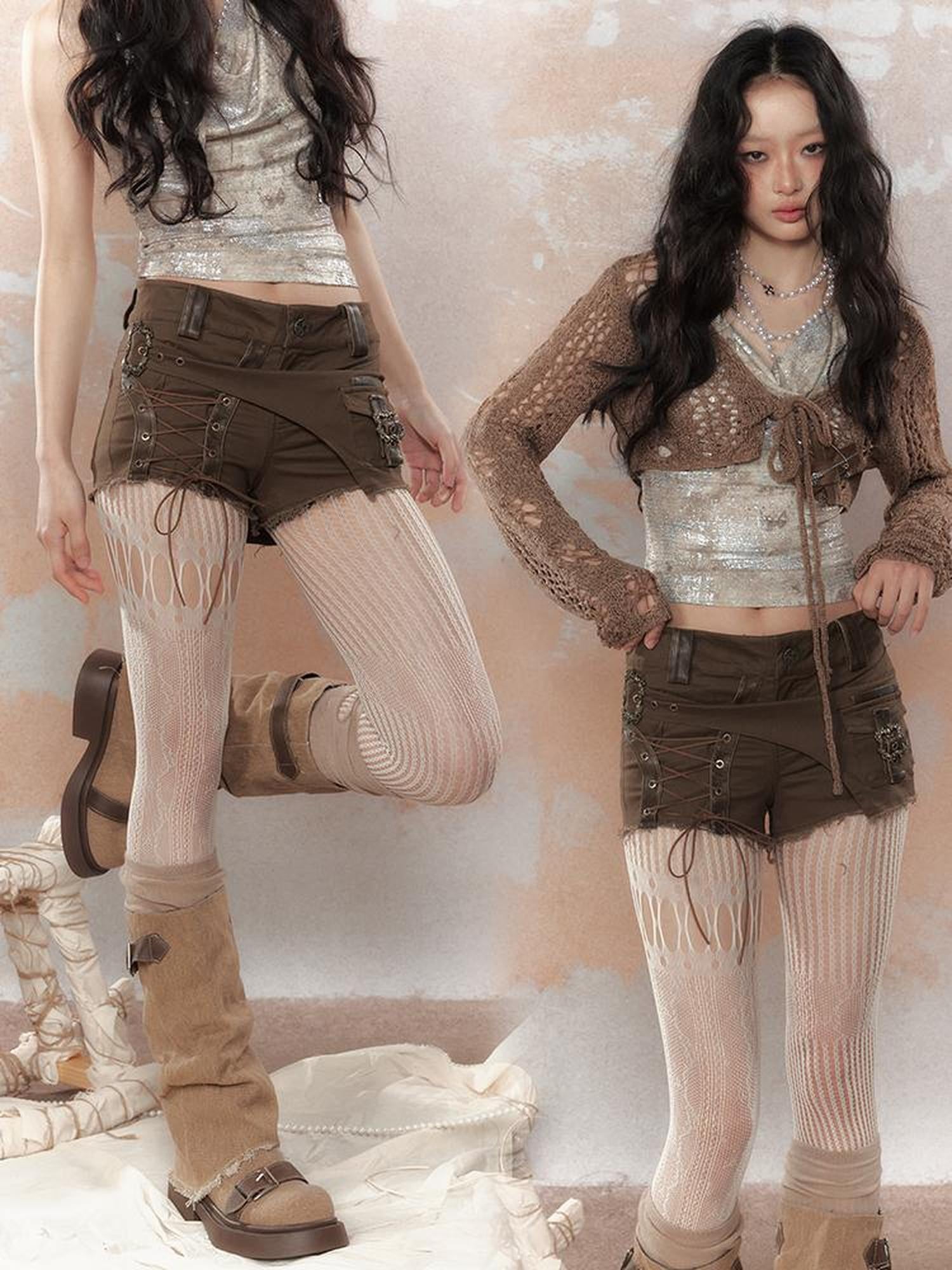 ALL iN plan Asymm Lace Up Rivet Distressed Y2K Denim Shorts