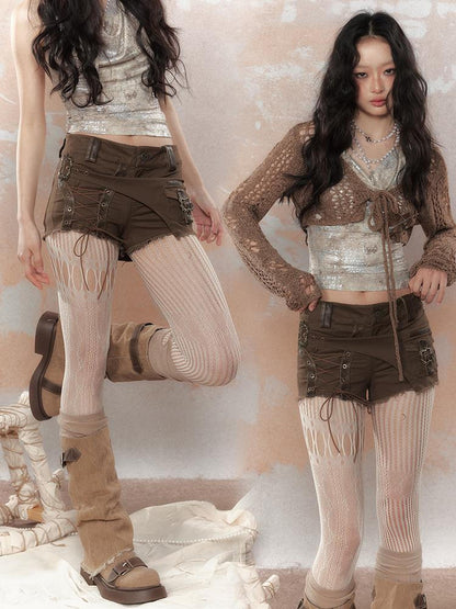 ALL iN plan Asymm Lace Up Rivet Distressed Y2K Denim Shorts