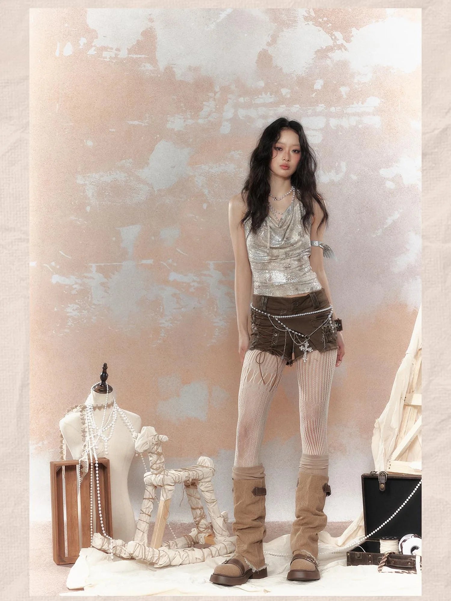 Asymm Lace Up Rivet Distressed Y2K Denim Shorts