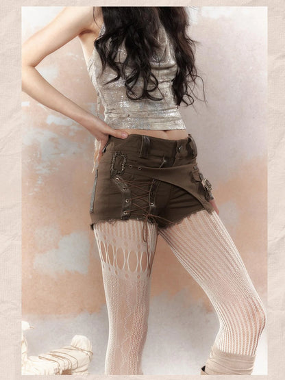 Asymm Lace Up Rivet Distressed Y2K Denim Shorts