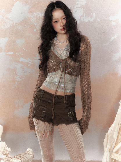 ALL iN plan Asymm Lace Up Rivet Distressed Y2K Denim Shorts