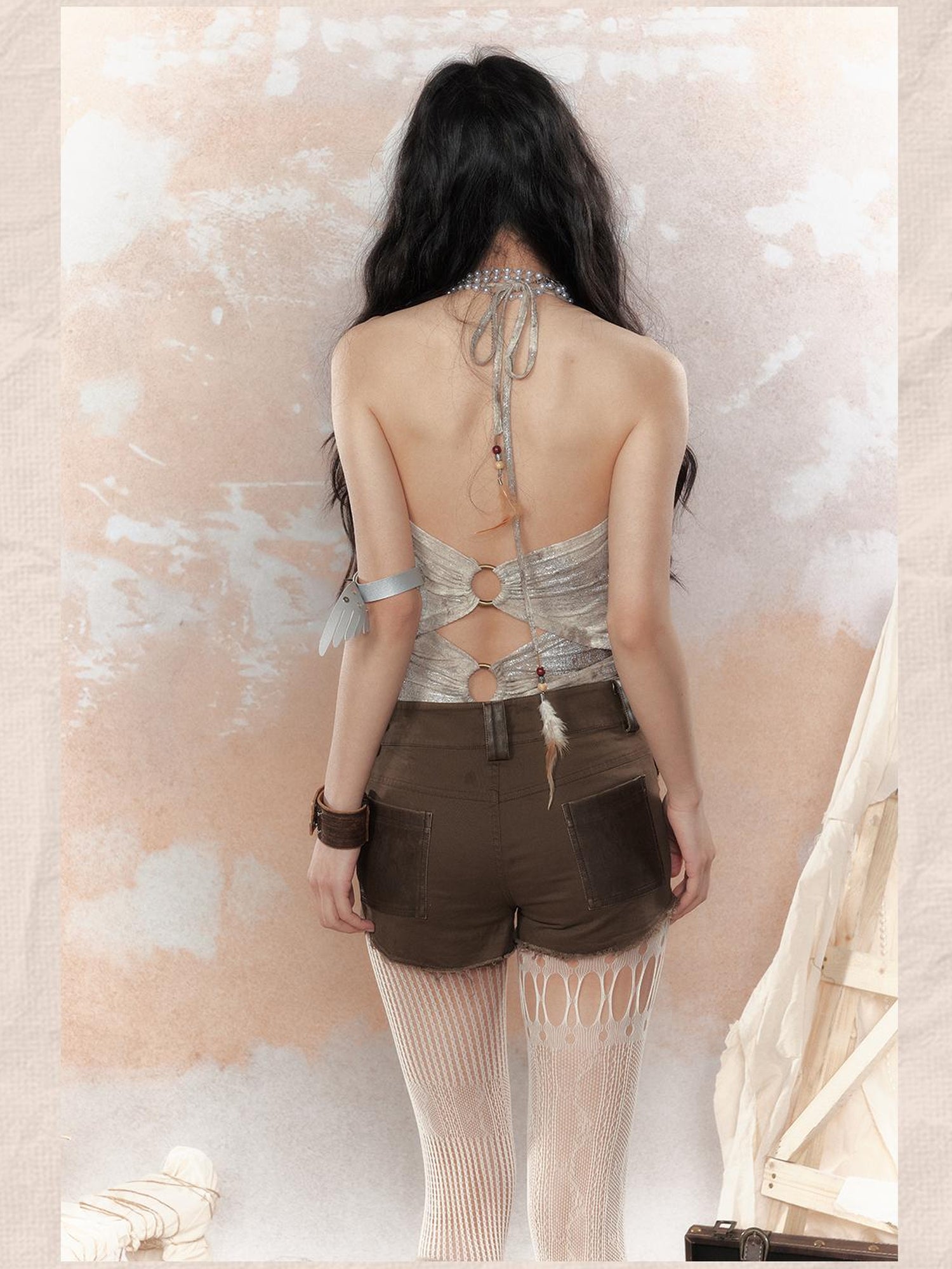 ALL iN plan Asymm Lace Up Rivet Distressed Y2K Denim Shorts