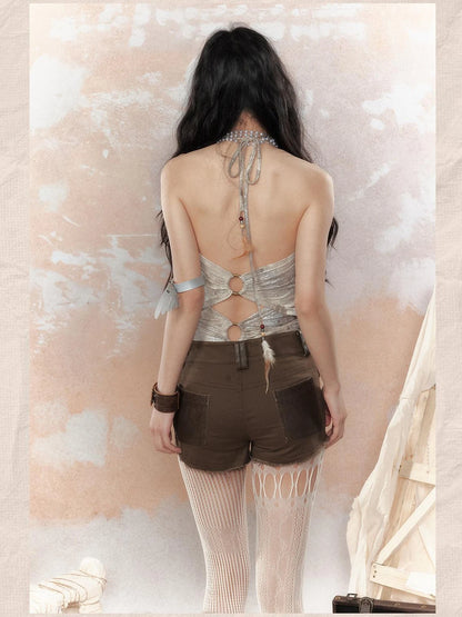 Asymm Lace Up Rivet Distressed Y2K Denim Shorts