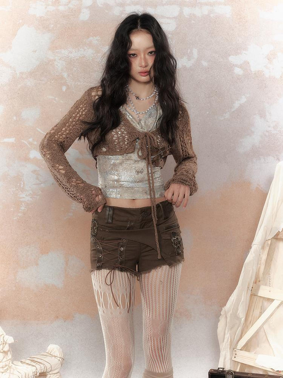 ALL iN plan Asymm Lace Up Rivet Distressed Y2K Denim Shorts