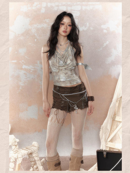 ALL iN plan Asymm Lace Up Rivet Distressed Y2K Denim Shorts