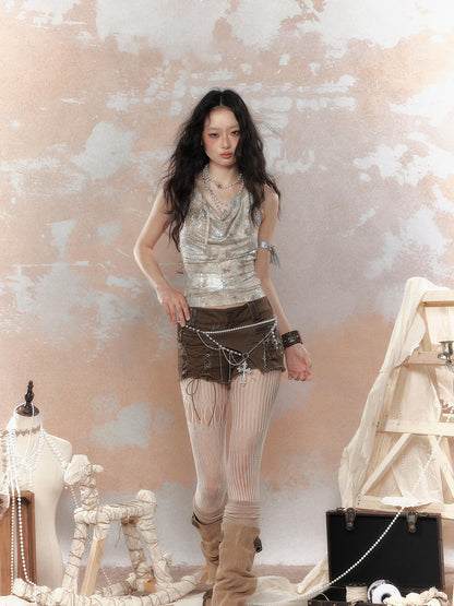 ALL iN plan Asymm Lace Up Rivet Distressed Y2K Denim Shorts