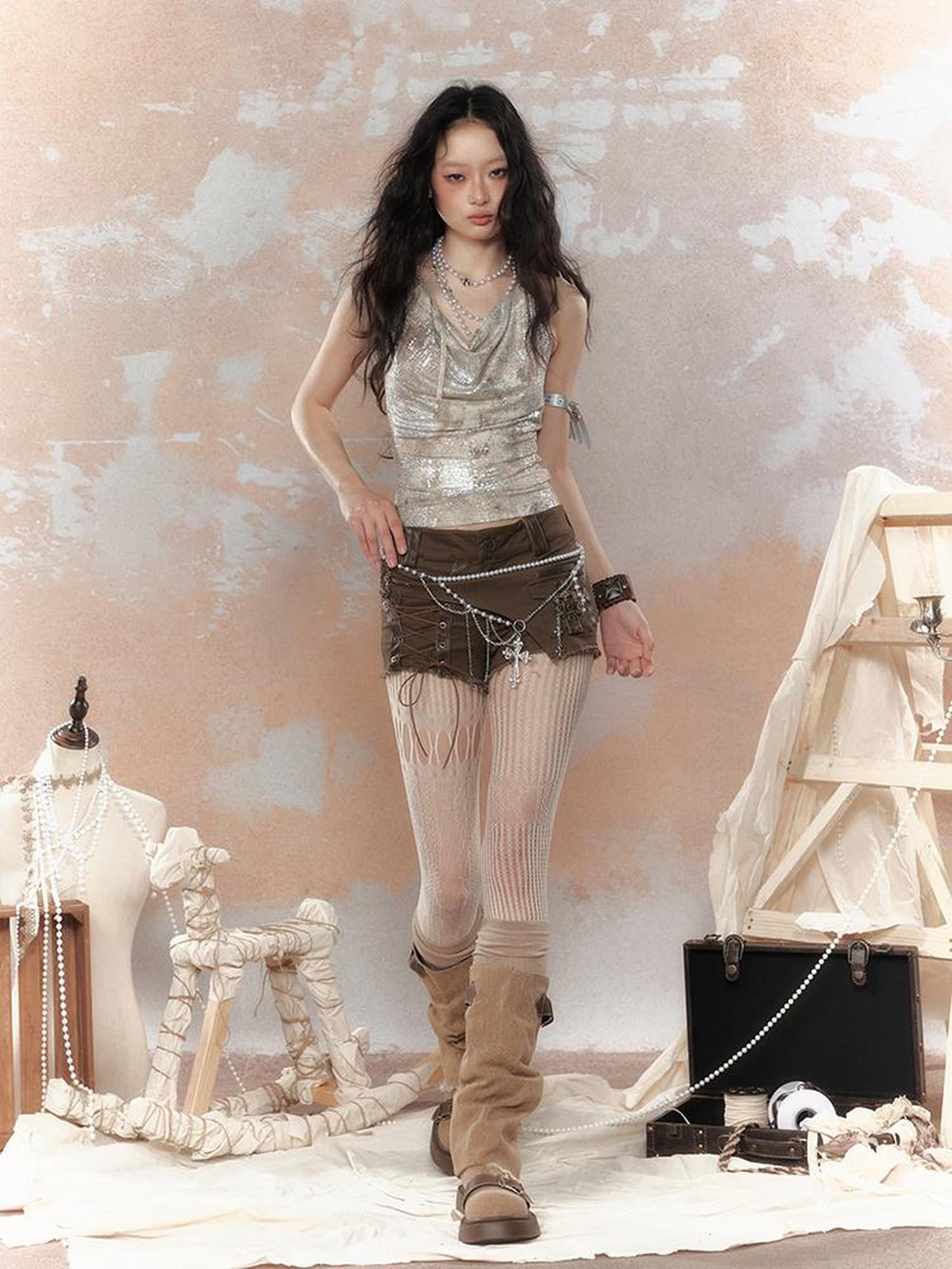 ALL iN plan Asymm Lace Up Rivet Distressed Y2K Denim Shorts