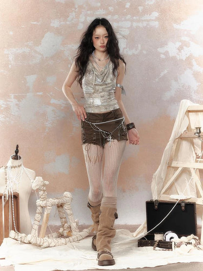 Asymm Lace Up Rivet Distressed Y2K Denim Shorts