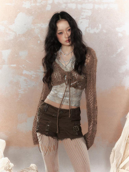 ALL iN plan Asymm Lace Up Rivet Distressed Y2K Denim Shorts