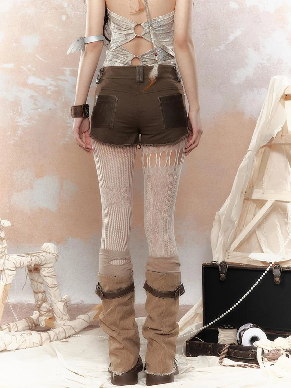 Asymm Lace Up Rivet Distressed Y2K Denim Shorts