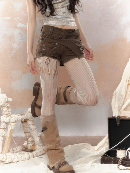 Asymm Lace Up Rivet Distressed Y2K Denim Shorts