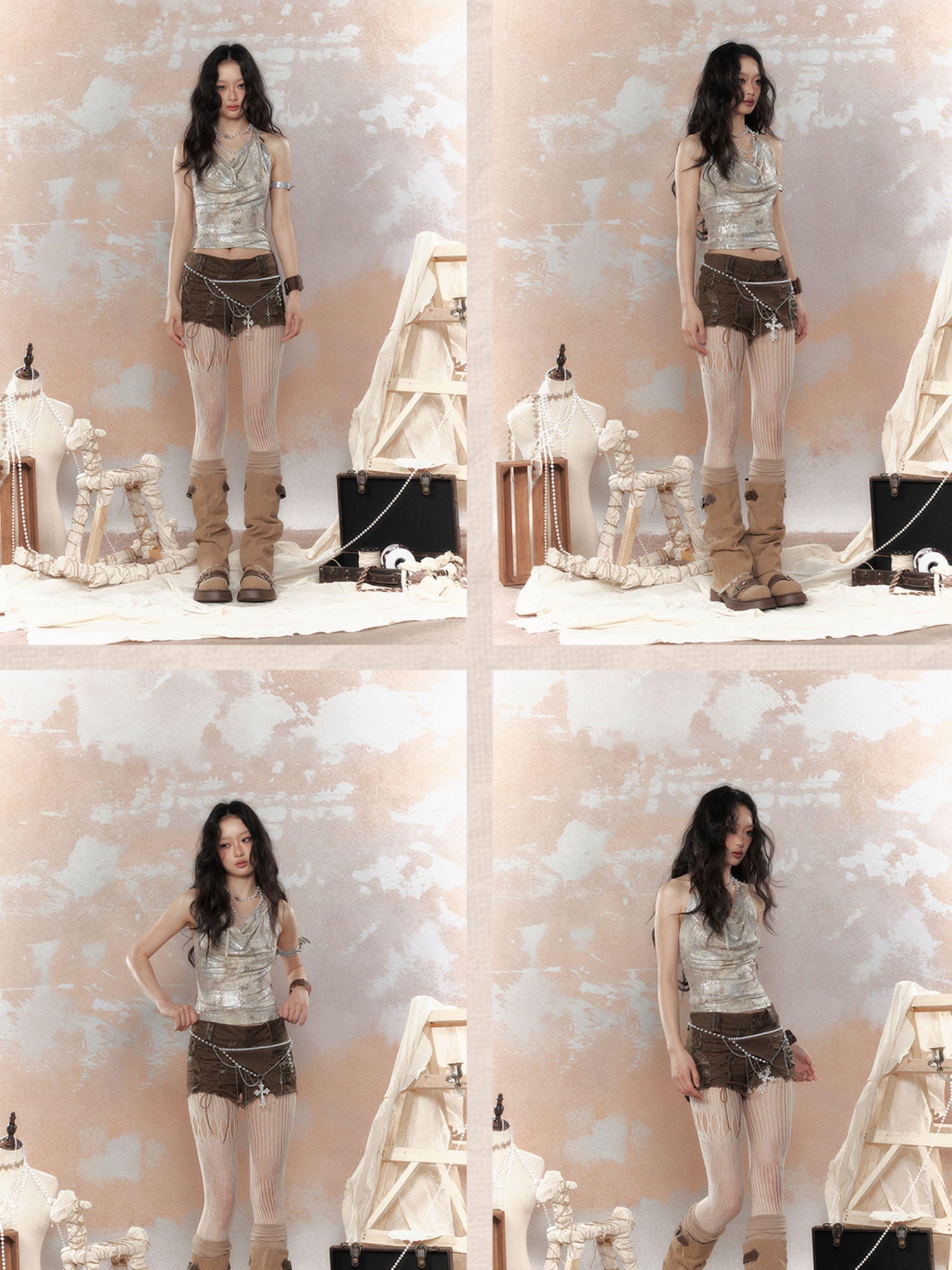 ALL iN plan Asymm Lace Up Rivet Distressed Y2K Denim Shorts