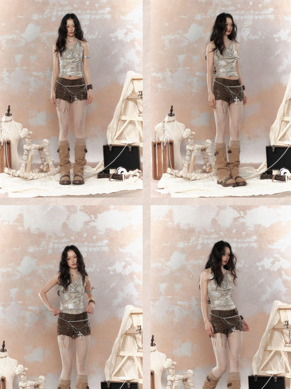 ALL iN plan Asymm Lace Up Rivet Distressed Y2K Denim Shorts