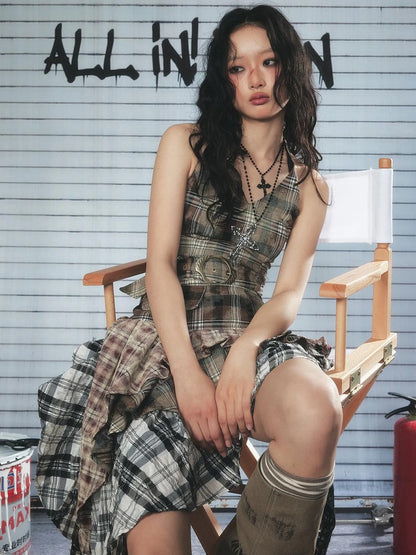 Asymmetric Checkered Layer Ruffle Neckline Dress