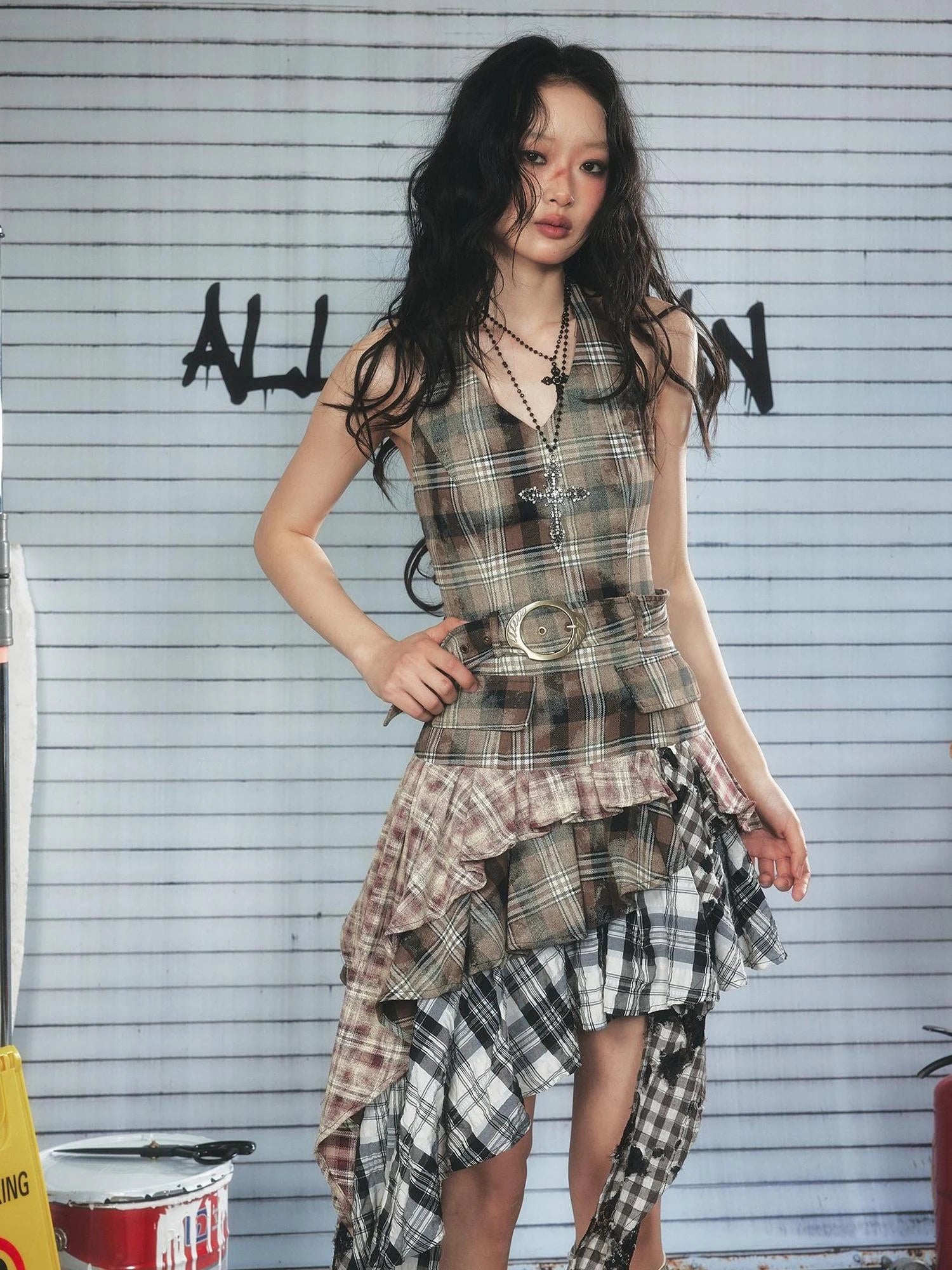 Asymmetric Checkered Layer Ruffle Neckline Dress