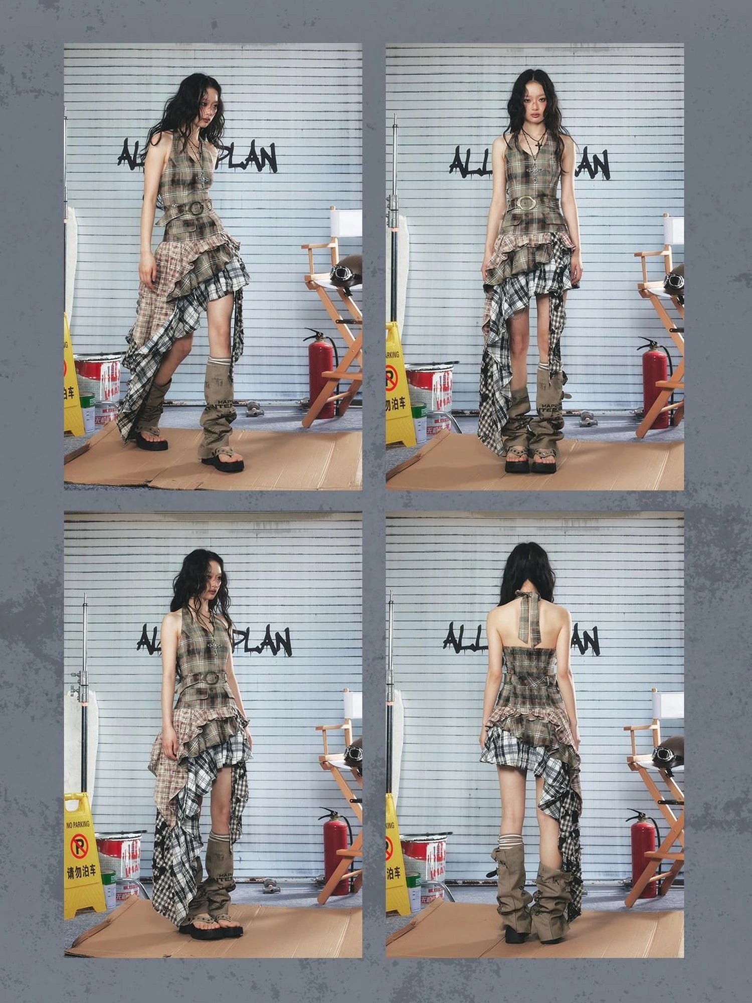 Asymmetric Checkered Layer Ruffle Neckline Dress