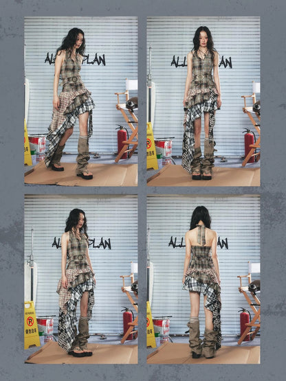 Asymmetric Checkered Layer Ruffle Neckline Dress