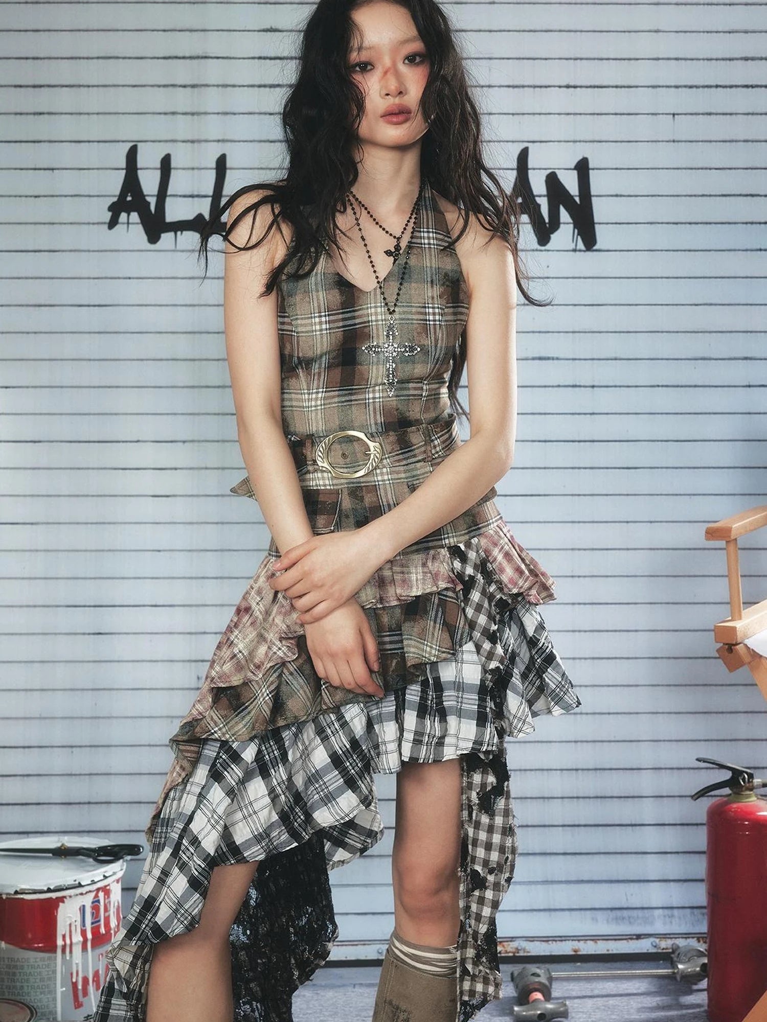 Asymmetric Checkered Layer Ruffle Neckline Dress