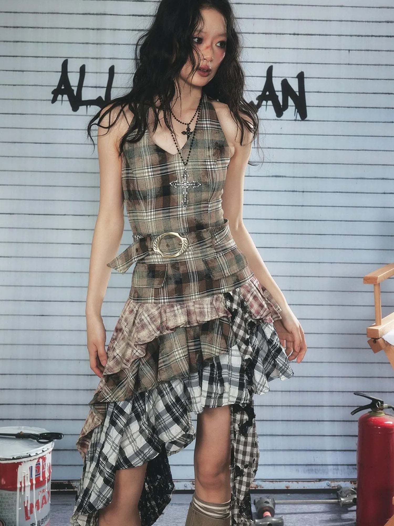 Asymmetric Checkered Layer Ruffle Neckline Dress