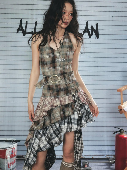 Asymmetric Checkered Layer Ruffle Neckline Dress