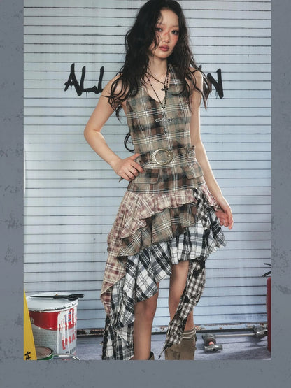 Asymmetric Checkered Layer Ruffle Neckline Dress