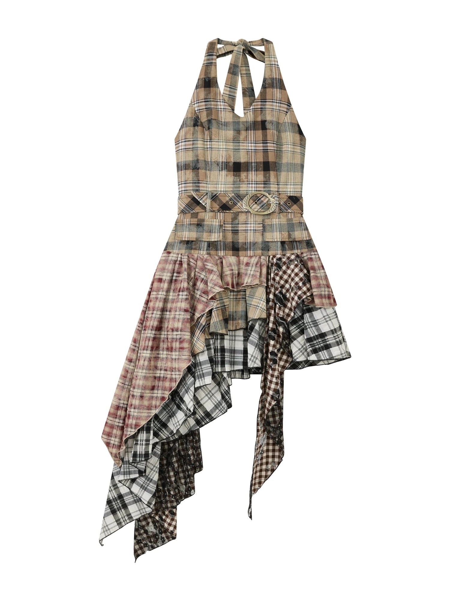Asymmetric Checkered Layer Ruffle Neckline Dress