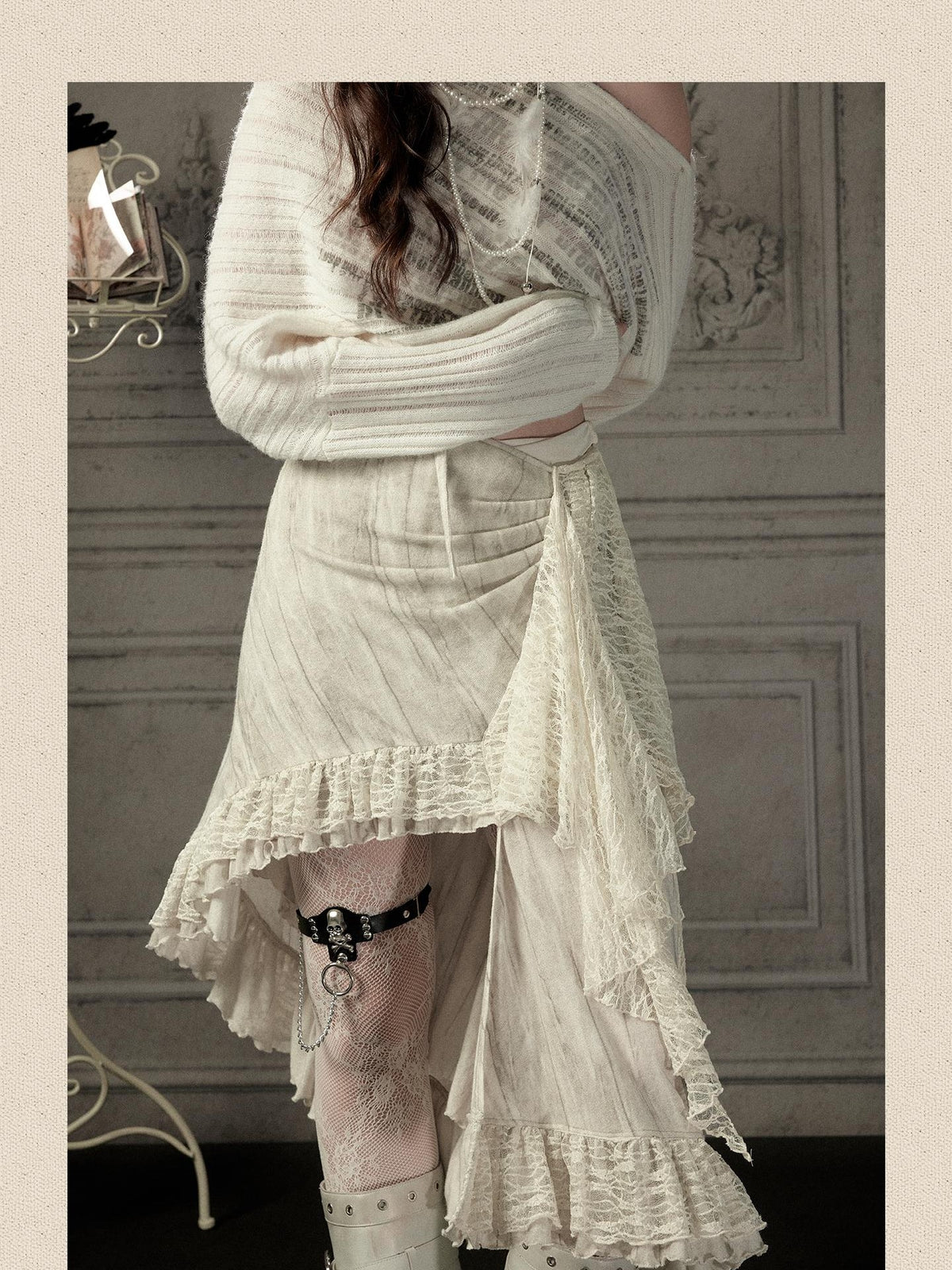 ALL iN plan Asymmetric Lace Spliced High Waist H Line Women&