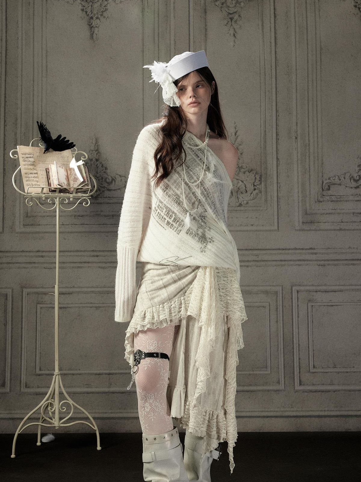 ALL iN plan Asymmetric Lace Spliced High Waist H Line Women&