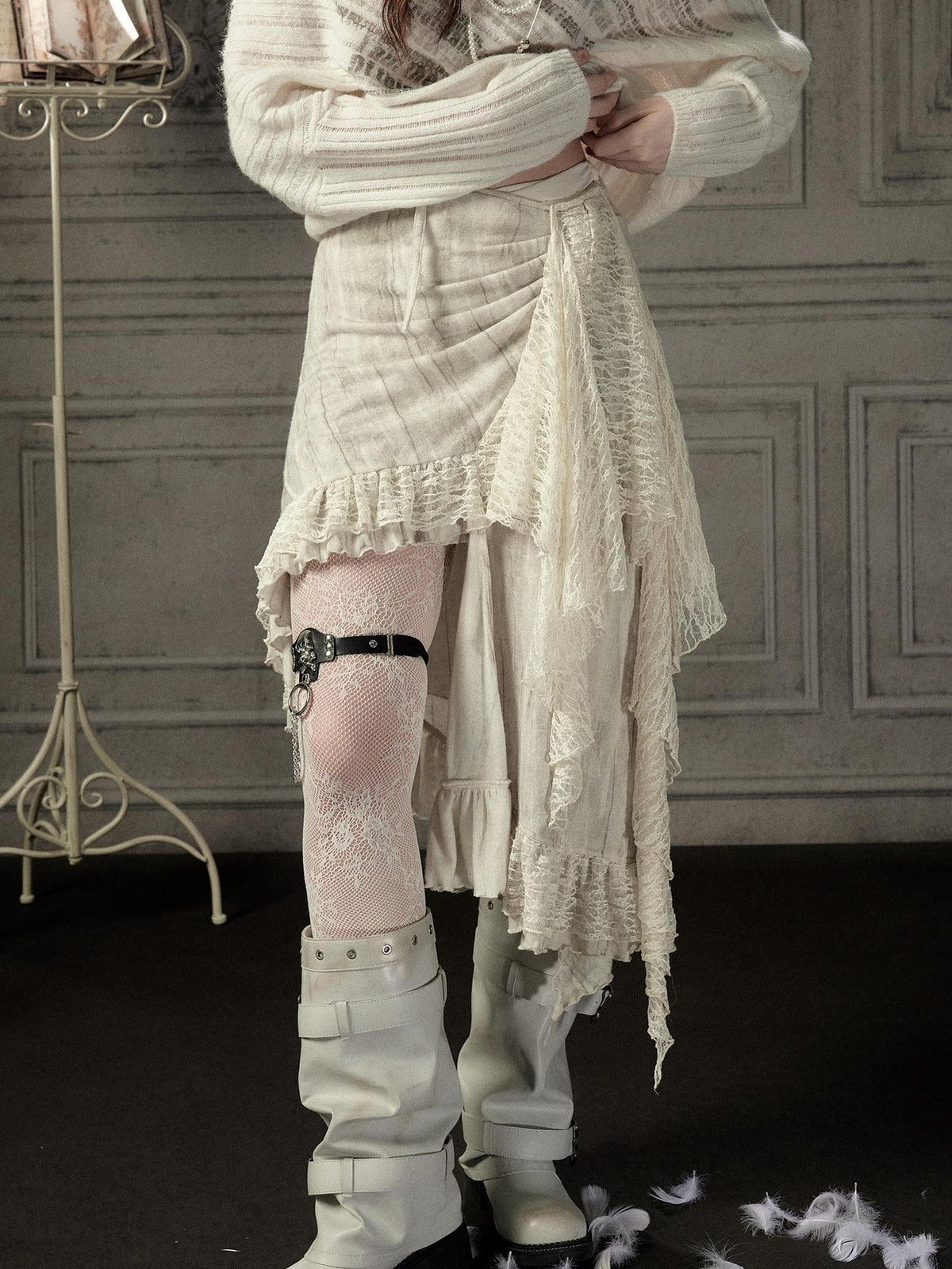 ALL iN plan Asymmetric Lace Spliced High Waist H Line Women&