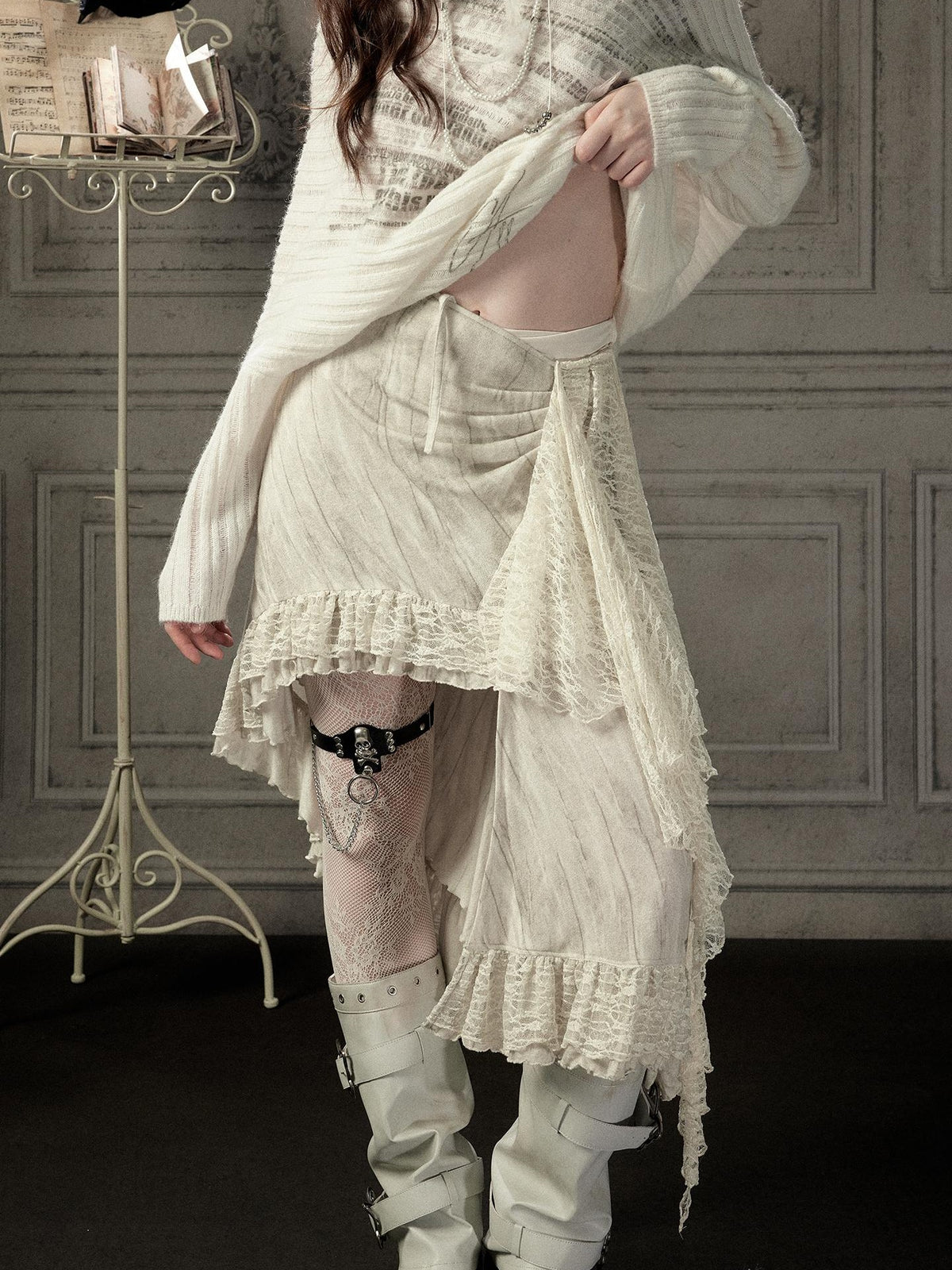 ALL iN plan Asymmetric Lace Spliced High Waist H Line Women&