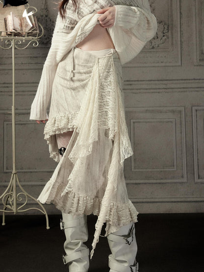 ALL iN plan Asymmetric Lace Spliced High Waist H Line Women&