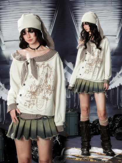 ALL iN plan Asymmetric Plaid Spliced Long Sleeve Loose Fit Women&