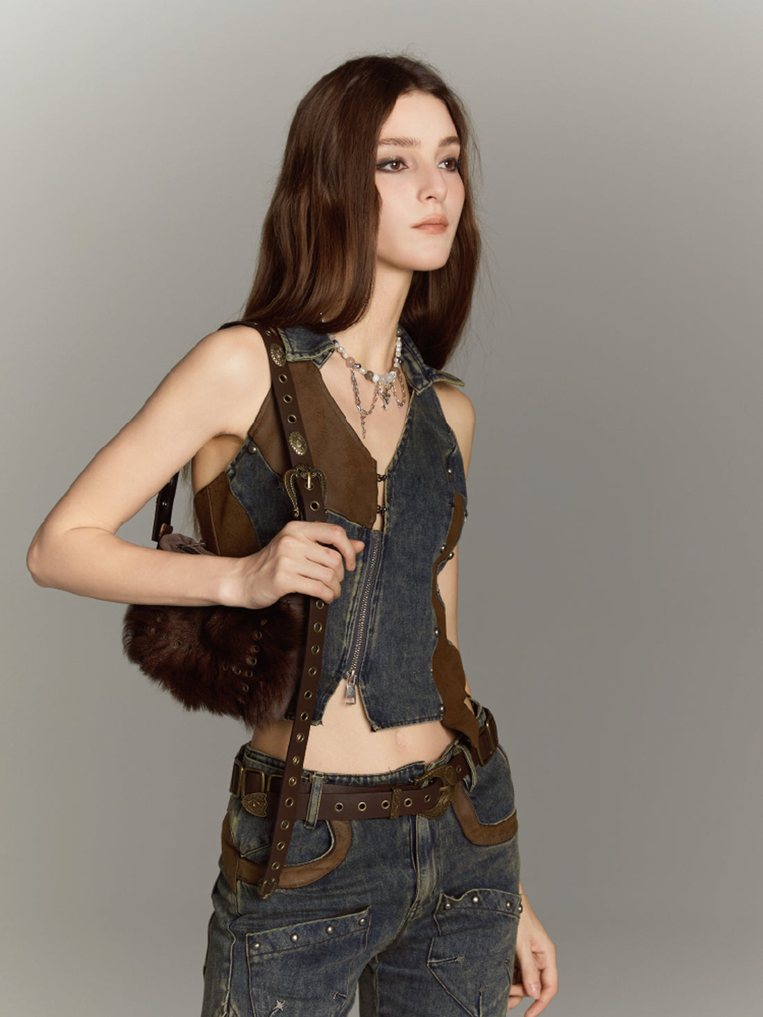 ALL iN plan Asymmetric Studded Denim Vest With Leather Panels