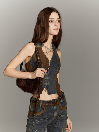 ALL iN plan Asymmetric Studded Denim Vest With Leather Panels