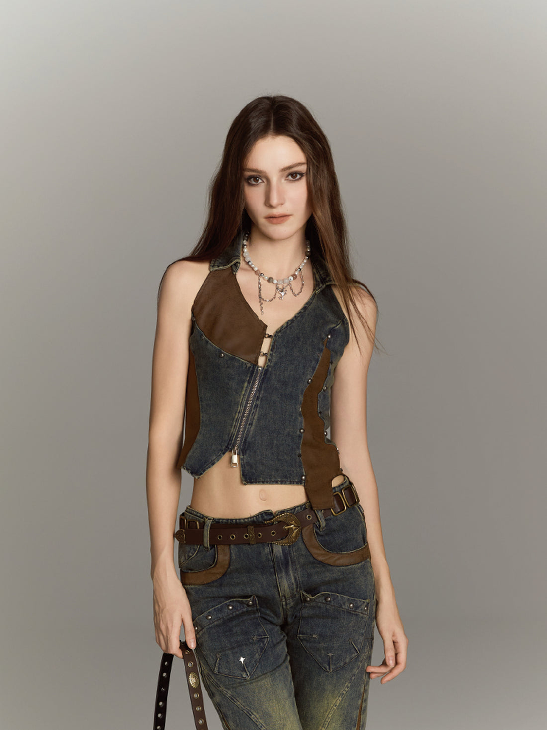 ALL iN plan Asymmetric Studded Denim Vest With Leather Panels