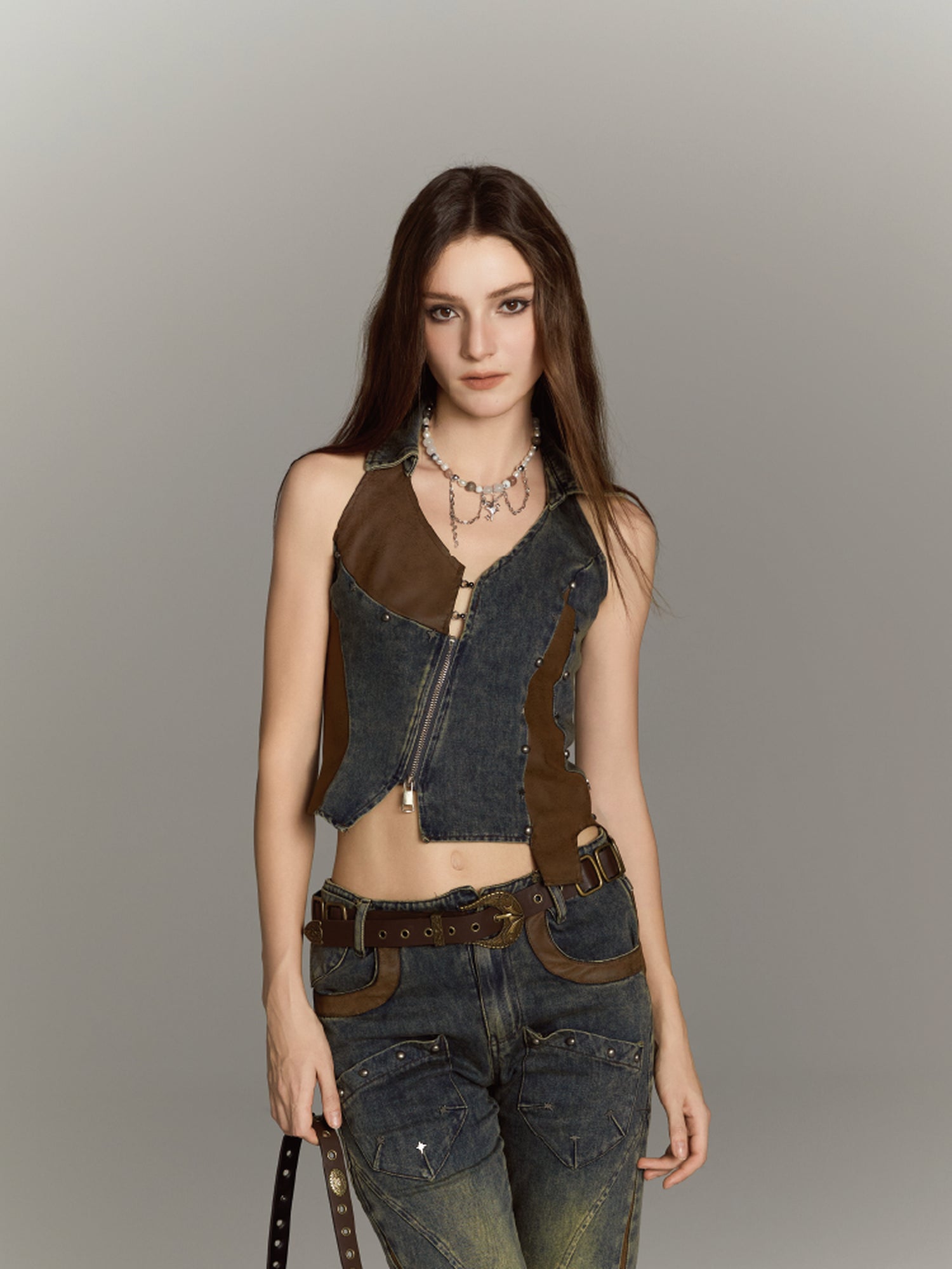 ALL iN plan Asymmetric Studded Denim Vest With Leather Panels