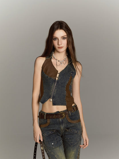 ALL iN plan Asymmetric Studded Denim Vest With Leather Panels