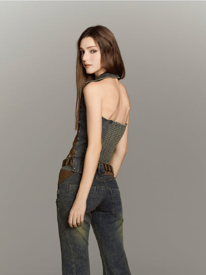ALL iN plan Asymmetric Studded Denim Vest With Leather Panels