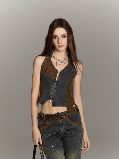 ALL iN plan Asymmetric Studded Denim Vest With Leather Panels