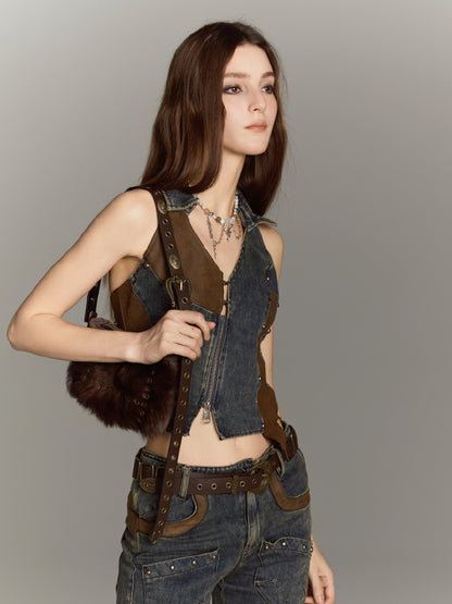 ALL iN plan Asymmetric Studded Denim Vest With Leather Panels