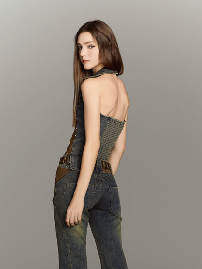 ALL iN plan Asymmetric Studded Denim Vest With Leather Panels